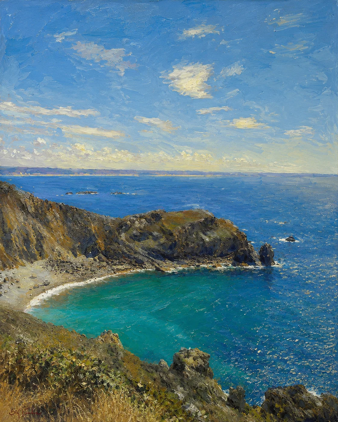 Peinture à l'huile d'une crique du Cotentin, vue mer depuis la côte normande
